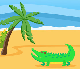 Fototapeta na wymiar Relax cute adorable crocodile on sunny beach. Yellow sand and blue sea. Beautiful summer landscape banner. Wild animal living in water walks coastline with palm trees and ocean on background