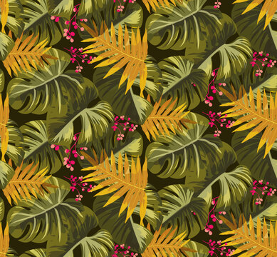 Tropical Rain forest leaf color seamless pattern. Hawaii wallpaper or textile fabric print vector background. © Pongsapol