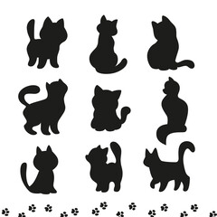Group of black cat silhouettes sitting, walking, standing isolated on white background. Cat paw print trace. Vector flat simple illustration.