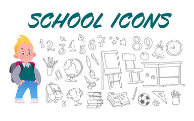 Collection of hand drawn school supply icons and schoolboy character with backpack isolated on white background. Vector flat doodle cartoon style. For ads, banners, posters, web, packaging.