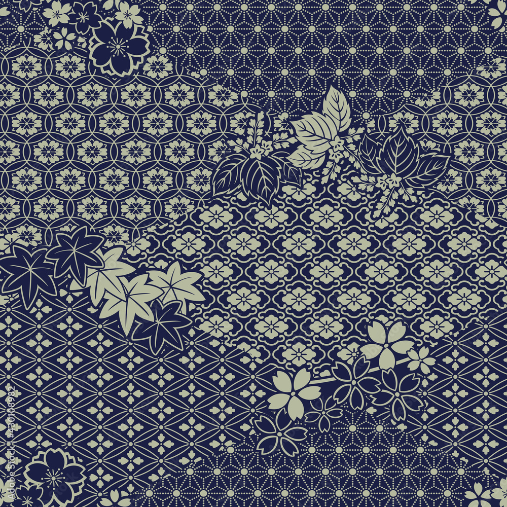 Wall mural Traditional Japanese fabric patchwork wallpaper abstract floral vector  seamless pattern 