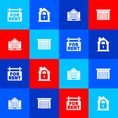 Set Hanging sign with For Rent, House under protection, Online real estate house and Garage icon. Vector