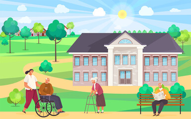 Obraz na płótnie Canvas Nursing home. Girl pushes wheelchair couple walking and talking outdoor in park. Disabled man on walk. An elderly woman walks leans on walker. Gray-haired man sitting on bench reading newspaper