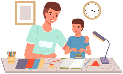 DIY activity for father and son. Dad and kid spend quality time together. Creative family pastime. Family makes paper crafts, glues and cuts with scissors. Parent with child spends time creatively