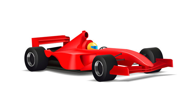 Realistic illustration of red sport bolide car with driver in yellow helmet and with black tyres, 3d detailed graphic