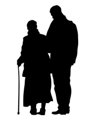 Elderly woman with a stick is walking down the street. Isolated silhouette on a white background