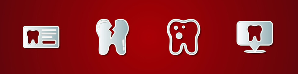 Set Dental card, Broken tooth, Tooth with caries and clinic location icon. Vector