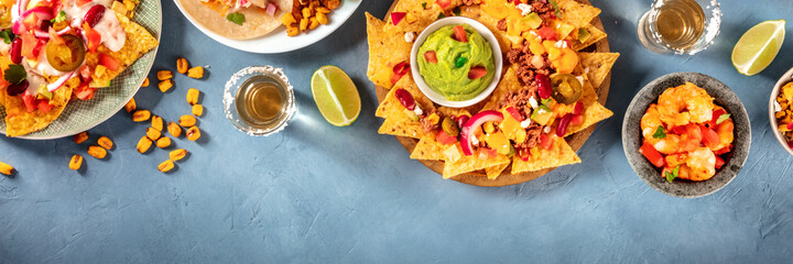 Mexican food panorama with copy space, overhead flat lay panorama