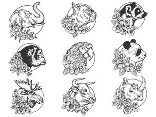 Flowers and animal head set tattoo with flowers sketch engraving vector illustration. T-shirt apparel print design. Scratch board imitation. Black and white hand drawn image. © Oleksandr Pokusai