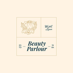 Abstract Flowers Women Vector Signs or Logo Templates. Retro Floral Illustration with Classy Typography. Feminine Logo. Modern Logo Template for florist, photographer, fashion blogger, design studio.