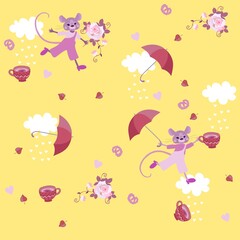 Fototapeta na wymiar Endless pattern with adorable mice, tea cups, umbrellas, clouds, cakes, hearts and rose flowers on light yellow background. Print for fabric, wallpaper for baby. Lid for square box.