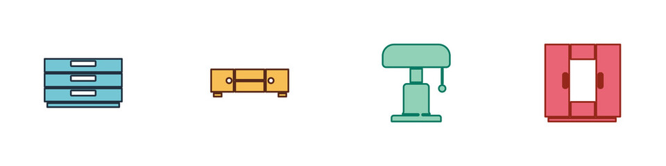 Set Chest of drawers, , Table lamp and Wardrobe icon. Vector