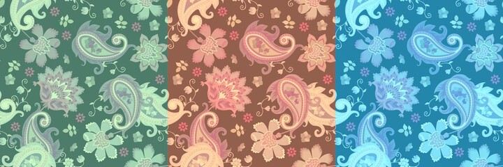 Tapestry collection. Three vintage seamless patterns with paisley, leaves and fantasy flowers in ethnic style. Indian, persian, russian motifs. © Happy Dragon