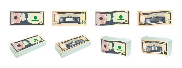 Fototapeta premium Dollars icons. Ten dollar bills. Dollars banknotes from front and reverse side. Dollar's banknotes set. Vector illustration