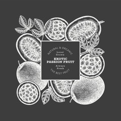 Hand drawn sketch style passion fruit banner. Organic fresh fruit vector illustration on chalk board. Retro exotic maracuya design template