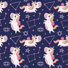 Seamless cute magical celestial vector pattern with unicorns, constellation, stars, sky, esoteric elements, wings, hearts, space