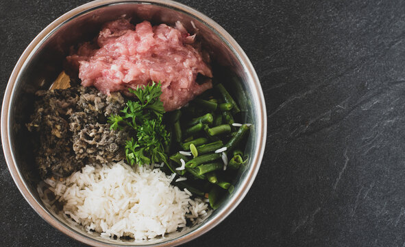 Bowl with fresh and raw dog food
