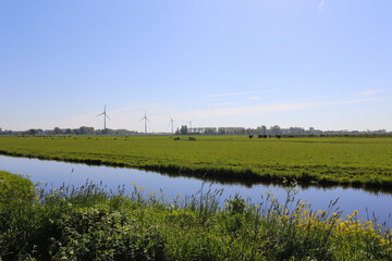  Countryside landscape. Green field with a small river. 