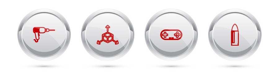 Set line Drill machine, Isometric cube, Gamepad and Bullet. Silver circle button. Vector