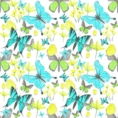 Butterfly seamless pattern on a white background. Watercolor butterflies' endless print. Blue, yellow, and green butterflies illustration. Cute colorful hand-drawn butterfly backdrop. Wallpaper.