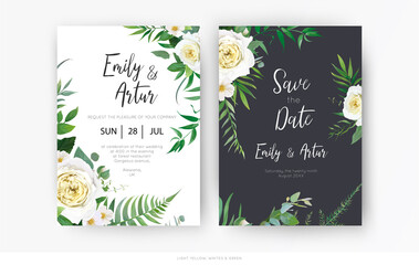 Fototapeta na wymiar Vector, botanical, floral wedding invite, save the date card template set. Yellow, white rose, camellia flower, greenery eucalyptus, green forest fern leaves, herbs watercolor illustration decoration