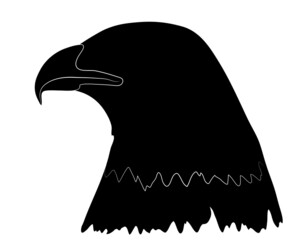 Black icon of a Portrait of a head of a bald eagle in profile in isolate on a white background. Vector illustration.