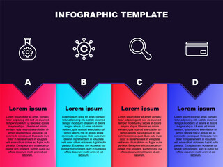 Set line Bioengineering, Copywriting network, Magnifying glass and Credit card. Business infographic template. Vector