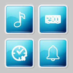 Set line Music note, tone, Digital alarm clock, Clock 24 hours and Ringing bell icon. Vector