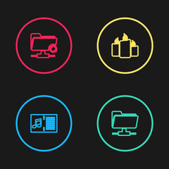 Set line Music book with note, FTP folder, Burning candles and sync refresh icon. Vector