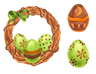 Easter boho wreath with eggs and ribbon. Happy holidays. Beautiful decoration.