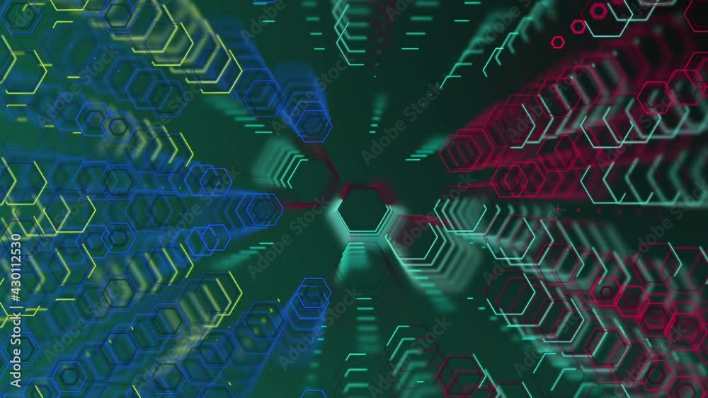 Poster movement of a wall of hexagons in waves up and down, which creates green self-luminous hexagons. abs