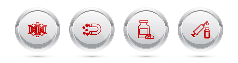 Set line Genetic engineering, Magnet with money, Medicine bottle and pills and Medical syringe vial. Silver circle button. Vector