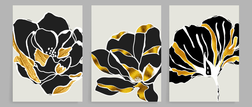 Contemporary botanical prints wall art. Golden flower background vector. Canvas frame design for prints , wallpaper, cover, banner and home decor.