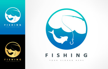 Fishing logo vector. Fish and rod design. Shop everything for fishing.