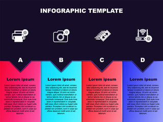 Set line Printer setting, Photo camera, Fast payments and Router and wi-fi. Business infographic template. Vector