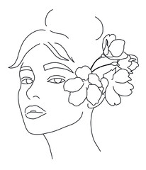Aesthetic vector line art. Beautiful woman with flowers. Fashion model with elegant hair.