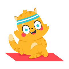 Cute cat doing yoga exercise vector cartoon character isolated on a white background.