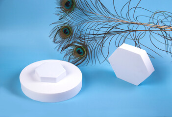 Podium for product demonstration. Abstract minimal scene with peacock feathers and geometric shapes...