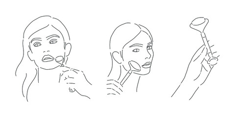 Beautiful woman with jade massage roller. Vector line art