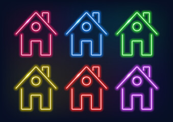 Neon sign. House icon in neon style. Glowing lines on a dark background.