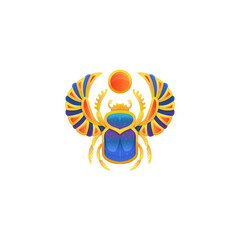 Icon of gold egyptian scarab with blue enamel flat vector illustration isolated.