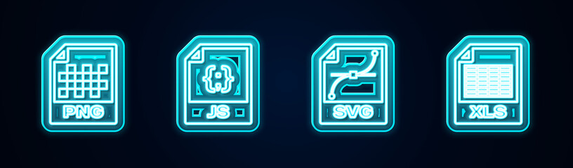 Set line PNG file document, JS, SVG and XLS. Glowing neon icon. Vector