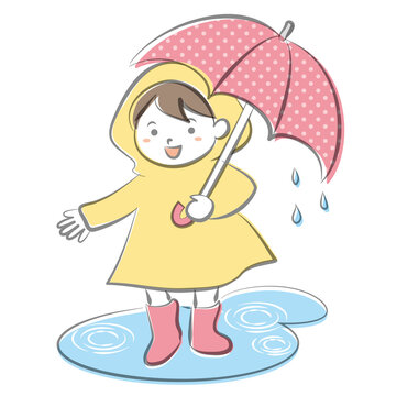 手描き水彩風の雨の中レインコートを着て傘をさす女の子のイラスト/白背景