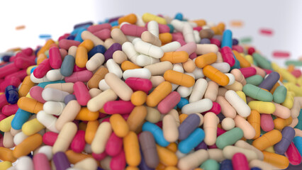 huge heap of different colors pills close up isolated on white