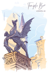 Temple Bar monument marking the entrance into the City of London. City sketch painted with watercolor. A4 vertical format. EPS10 vector illustration
