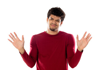 Fototapeta premium Cute african american man with afro hairstyle wearing a burgundy T-shirt