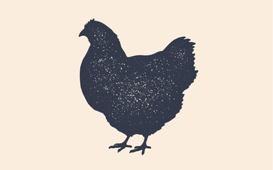 Hen, chicken. Vintage logo, retro print, poster