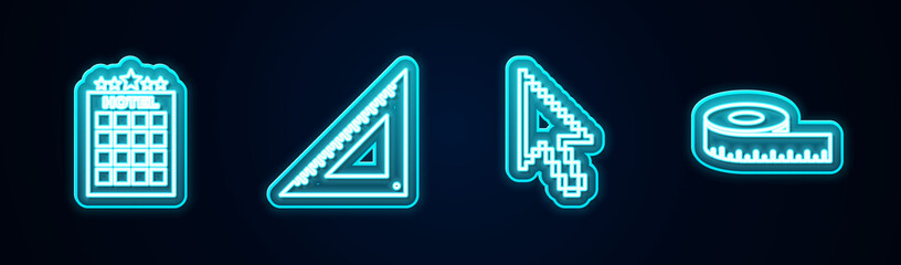 Set line Hotel building, Triangular ruler, Pixel arrow cursor and Tape measure. Glowing neon icon. Vector