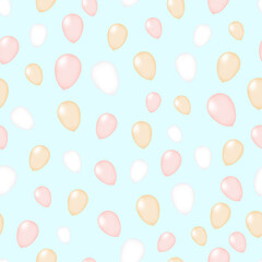 seamless pattern of helium balloons pink, orange and white on a gentle blue background