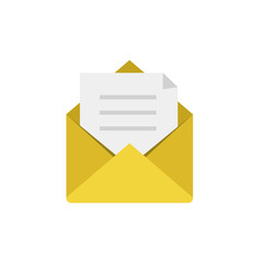 Vector mail icon. Message coming. Opened yellow envelope and sheet of paper isolated on white background	